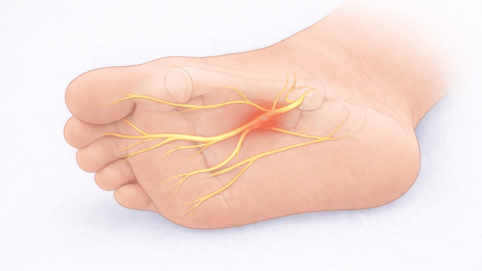 Illustration showing morton's neuroma symptoms between third and fourth toes