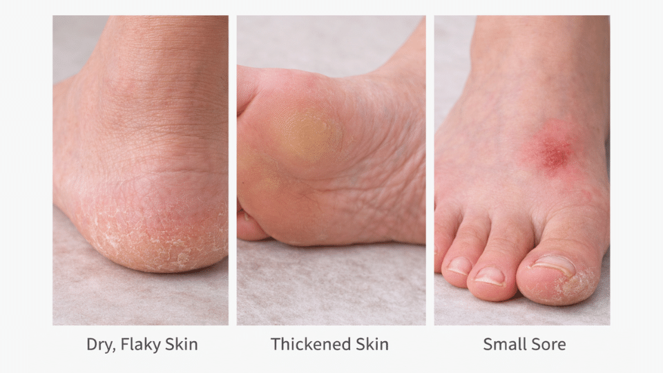 Diabetic feet pictures beginning stages showing dry skin, thickened areas, and early sore