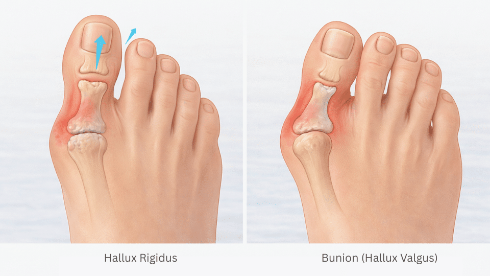 Medical illustration comparing hallux rigidus vs bunion in the big toe joint.