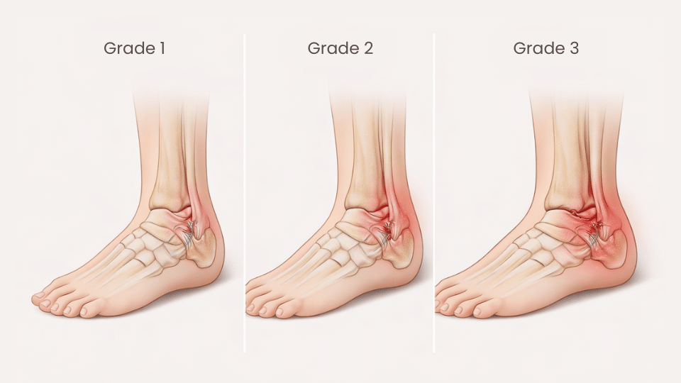 Ankle sprain grades showing sprained ankle recovery time differences.