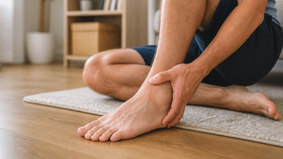 Person sitting on floor holding ankle showing mild ankle sprain discomfort