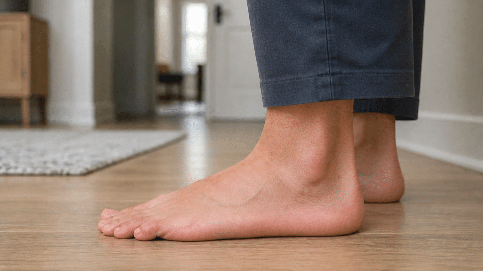 Side view of foot showing low arch flatfoot while standing at home