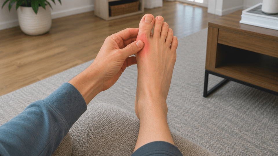Top view of right foot with big toe stiffness being gently examined at home